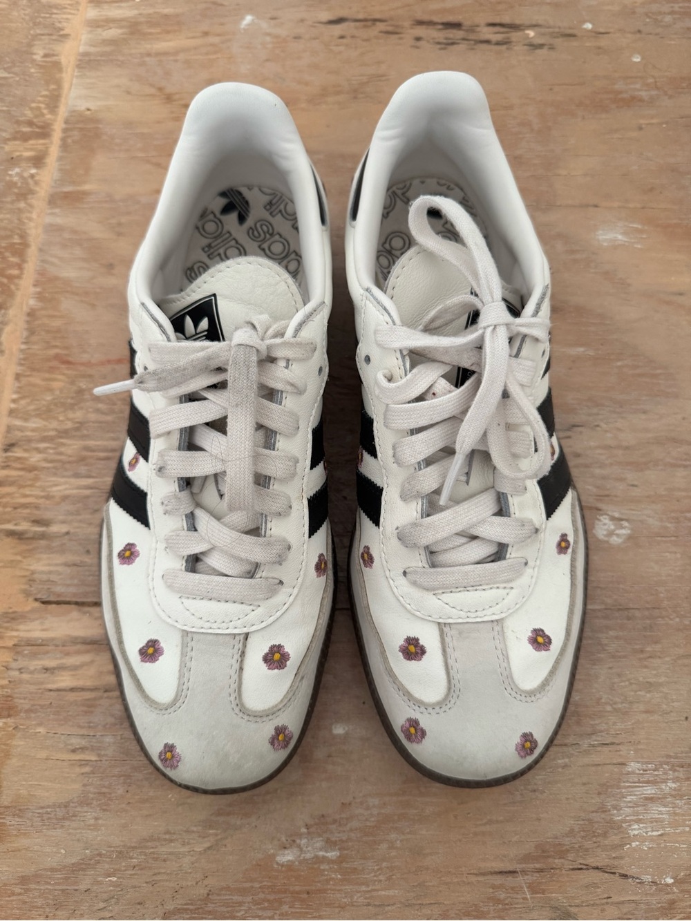 adidas Samba Sneakers in Cream with Black Stripes and Purple Floral Accents - Picture 2 of 3
